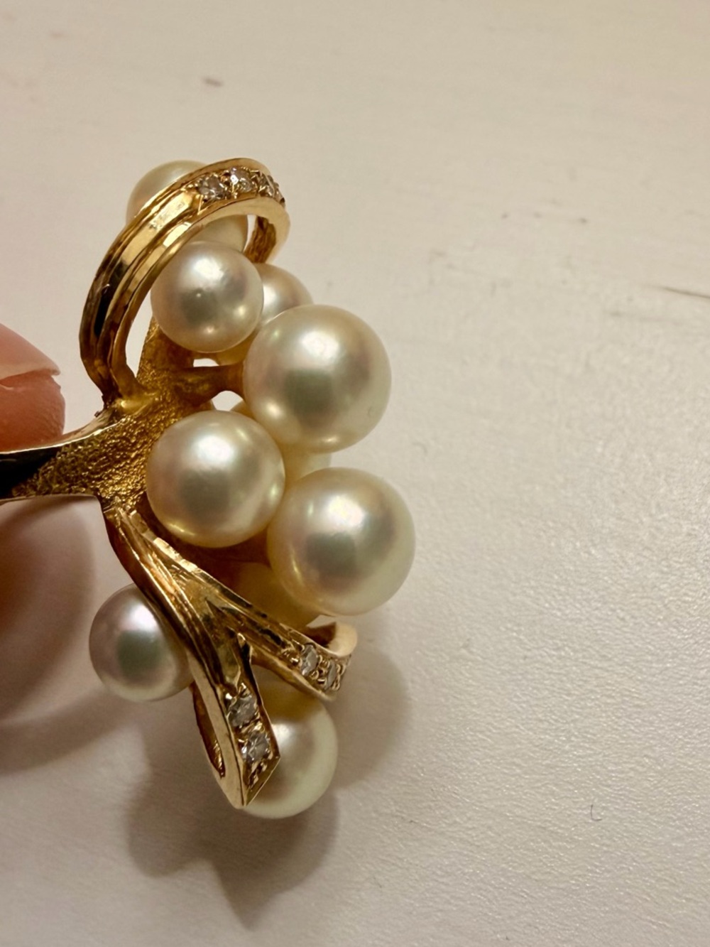 14k Gold Pearl Diamond Cluster Cocktail Ring - White Pearls - Picture 4 of 10
